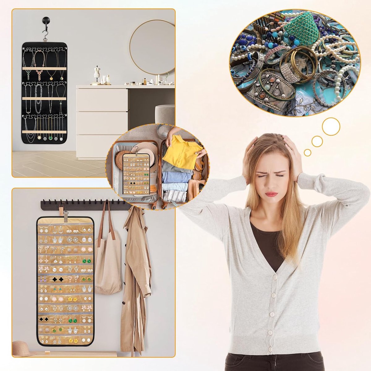 Jewelry organizer - 1 piece - Jewelry holder - Felt hanging bag - Earring organizer - Hanging jewelry organizer - Storage bag - Display rack - Double-sided necklace holder - Jewelry necklace organizer - with large zippered pockets and hooks - 84*36cm - bl.