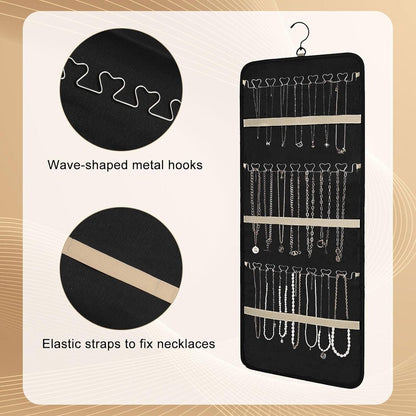 Jewelry organizer - 1 piece - Jewelry holder - Felt hanging bag - Earring organizer - Hanging jewelry organizer - Storage bag - Display rack - Double-sided necklace holder - Jewelry necklace organizer - with large zippered pockets and hooks - 84*36cm - bl.