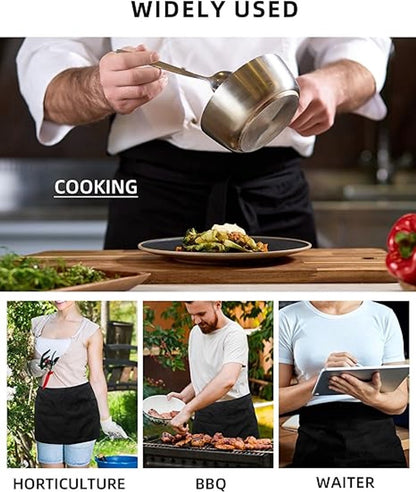 Waiter Apron - Kitchen Apron with 3 Pockets - Waterproof Bar Apron - Waterproof and Oil-Repellent - Restaurant Unisex Half Aprons - Waitress Apron - Black Server Aprons - Waiter Short Half Waist Server Apron - Aprons