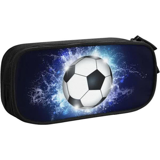 Soccer Pencil Case Blue with Zipper, Spacious and Durable Soccer Theme Sports Pencil Case.