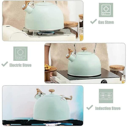 Stainless Steel Whistling Kettle 2.5L for Gas Stoves, Induction Compatible, Ergonomic Handle.