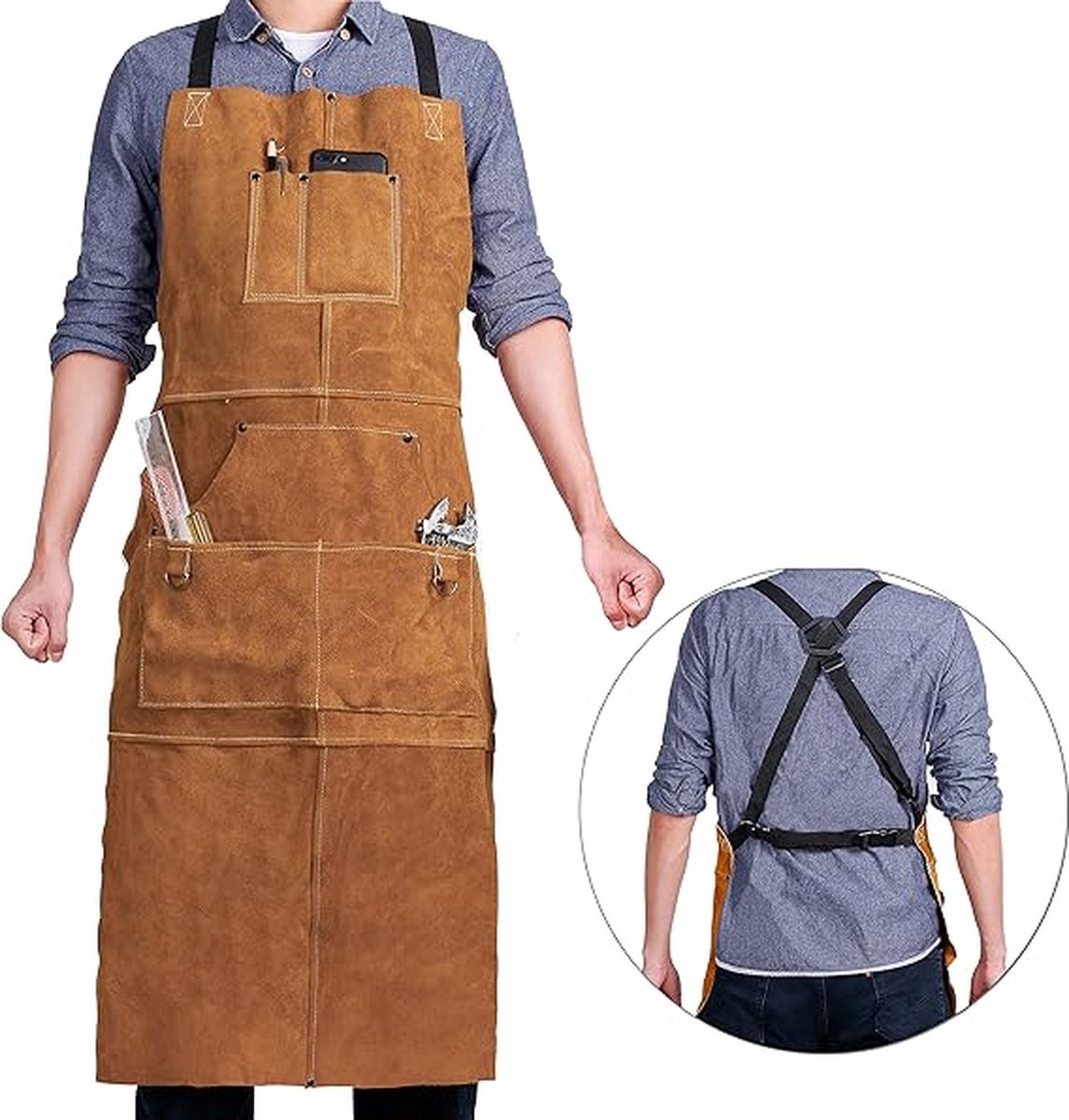 Apron - BBQ apron - BBQ apron leather men - Unisex - Gift - Apron for Women and Men - Adjustable Buckle - Leather - 99*61cm - Brown