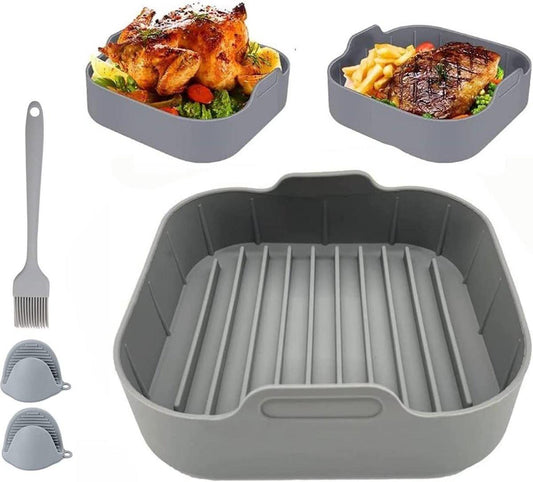 Airfryer accessories - Silicone baking dish - Hot air fryer - Baking tins - Baking paper alternative - Basket baking tin - 20 CM - including gloves and oil brush - gray - Accessories.