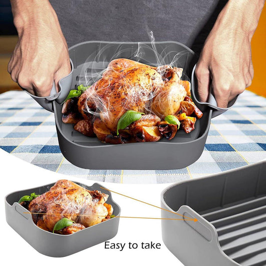 Airfryer accessories - Silicone baking dish - Hot air fryer - Baking tins - Baking paper alternative - Basket baking tin - 20 CM - including gloves and oil brush - gray - Accessories.