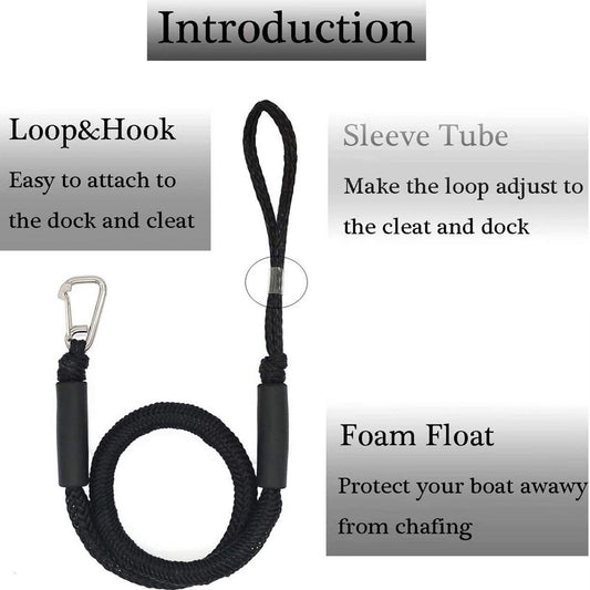 Mooring Rope Boat Equipment - 2 Pieces - Extendable 1.2 - 1.7M - Mooring Rope for Boats - Black - Mooring Rope - Boat Rope - Boat Accessories for Boats Dock - Dock Line with Hooks - For Boats, Kayaks, Jet Skis, Pontoons, Canoes.