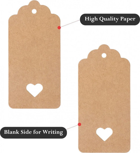 100x Kraft Cardboard Labels - With 100 Jute Rope - Gift Tags - 9.5 x 4.5 CM - Heart - Writable - Cardboard Gift Labels - Kraft Paper Name Tags - Blank Price Tags - Gift Tags - Multifunctional Label - Thick & Sturdy