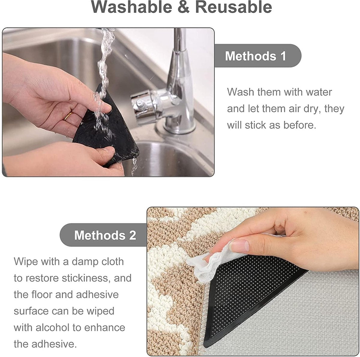 Anti-slip corners - Carpet tape - Carpet grippers - 8 pieces - Anti-slip mat, rug, carpet - Reusable pads - Self-adhesive double-sided