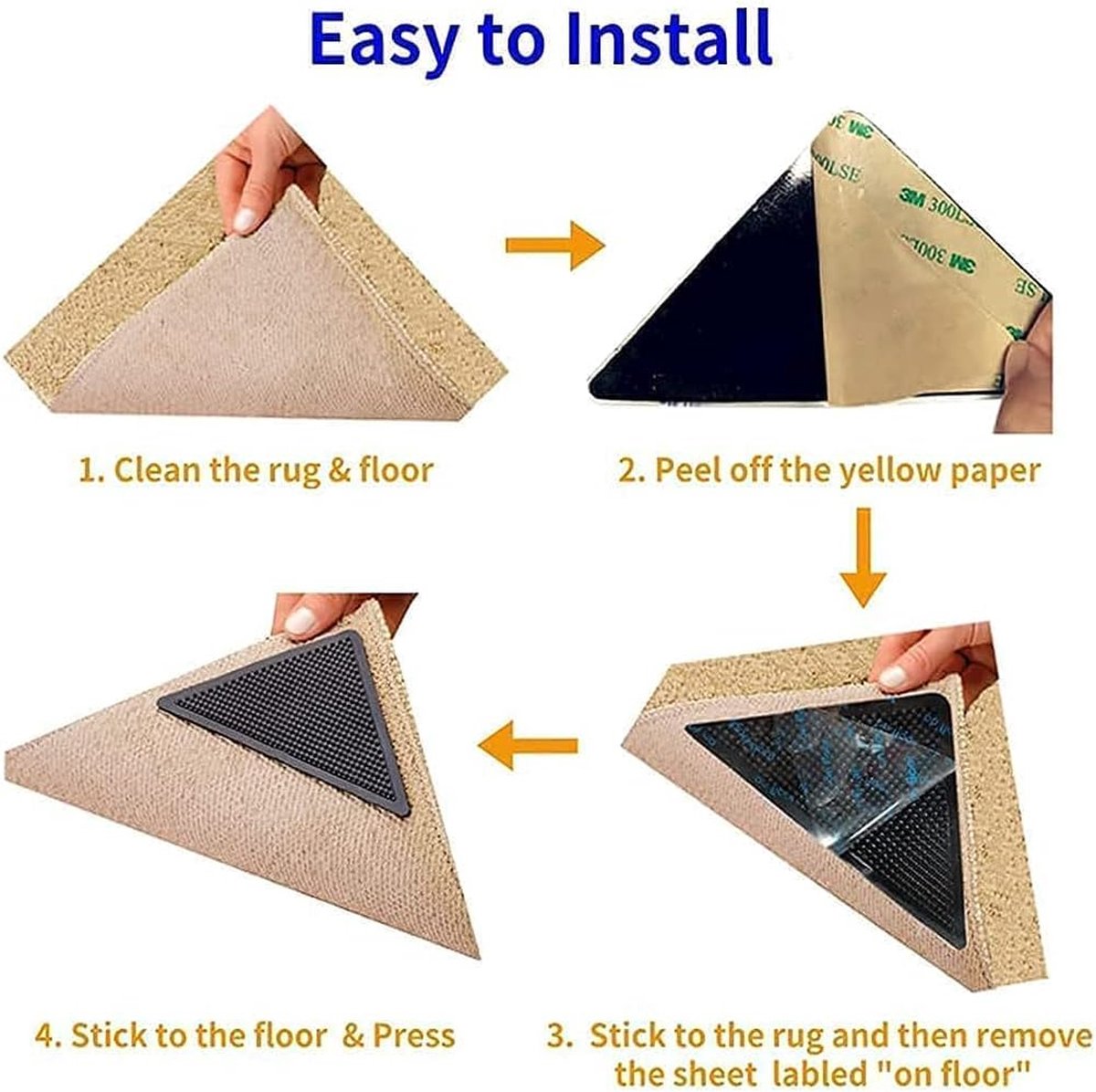Anti-slip corners - Carpet tape - Carpet grippers - 8 pieces - Anti-slip mat, rug, carpet - Reusable pads - Self-adhesive double-sided