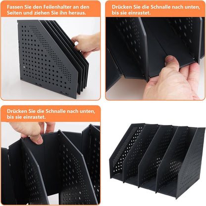 Magazine cassette - 4 compartments - A4 format - desk organizer - Magazine holder - Magazine rack - Newspaper holder - Magazine rack - Magazine holder - Magazine rack - 330 x 255 x 243 mm - Dark gray - foldable - plastic
