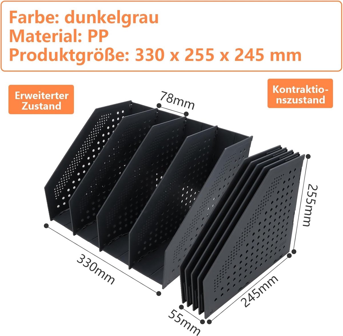Magazine cassette - 4 compartments - A4 format - desk organizer - Magazine holder - Magazine rack - Newspaper holder - Magazine rack - Magazine holder - Magazine rack - 330 x 255 x 243 mm - Dark gray - foldable - plastic