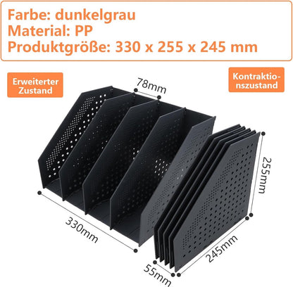 Magazine cassette - 4 compartments - A4 format - desk organizer - Magazine holder - Magazine rack - Newspaper holder - Magazine rack - Magazine holder - Magazine rack - 330 x 255 x 243 mm - Dark gray - foldable - plastic