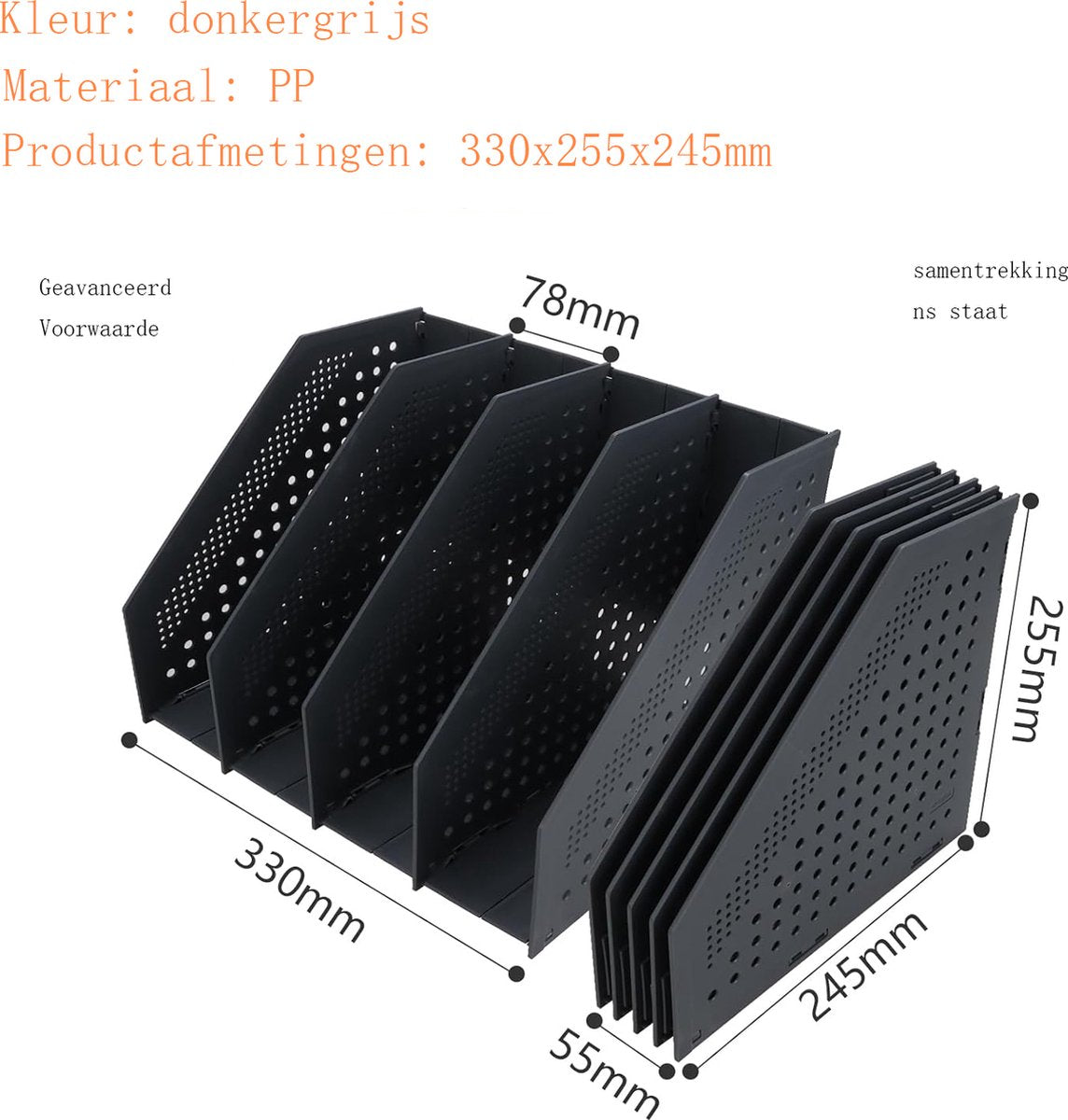 Magazine cassette - 4 compartments - A4 format - desk organizer - Magazine holder - Magazine rack - Newspaper holder - Magazine rack - Magazine holder - Magazine rack - 330 x 255 x 243 mm - Dark gray - foldable - plastic