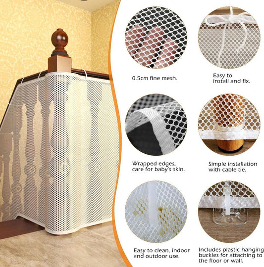 Safety Net - Baby and Animal Safety Gate - 600 x 79 cm - Robust - Adjustable - Baby Safety - Retractable Safety Net - Balcony - Stairs - White - Safety Gate - made of mesh for cats and toys.