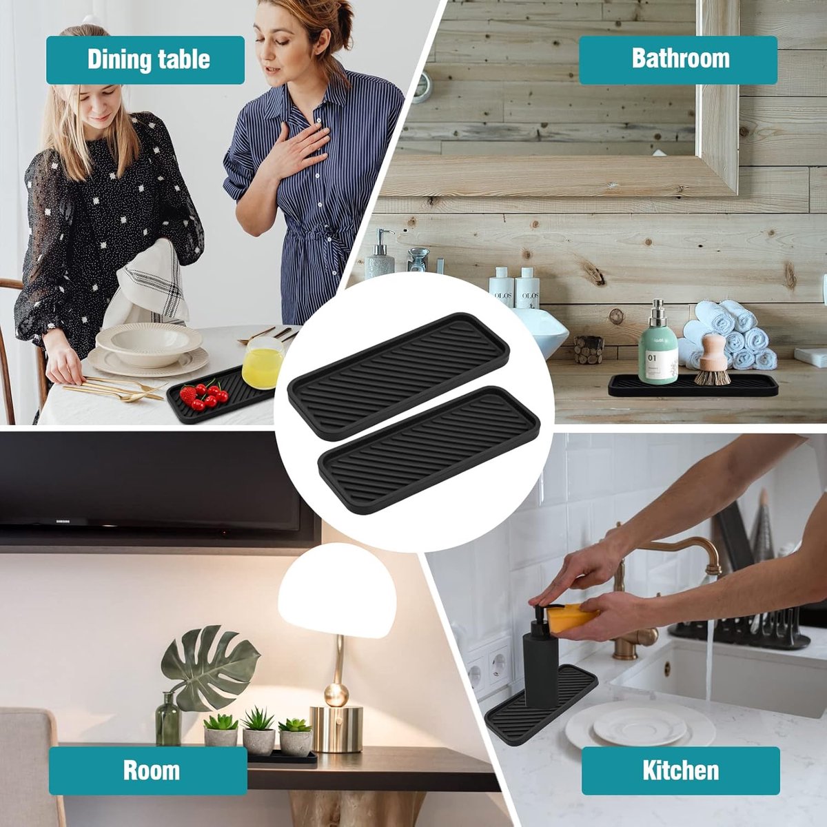 Silicone Sponge Holder - 2 Pieces - Kitchen Sponge Holders - Countertop Organizer - Sink Organizer - Kitchen Organizer - Soap Dish - Soap Rack - Non-Slip - For storing sponges, dishwashing products, plates, soap, brushes - Black