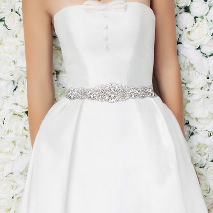 Bridal Belt Hand Rhinestone Wedding Belt Clear Crystal 55cm Long White Organza Ribbon for Wedding Dresses - Silver