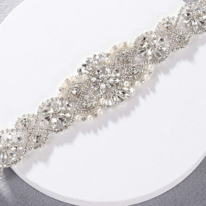 Bridal Belt Hand Rhinestone Wedding Belt Clear Crystal 55cm Long White Organza Ribbon for Wedding Dresses - Silver