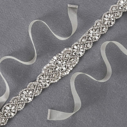 Bridal Belt Hand Rhinestone Wedding Belt Clear Crystal 55cm Long White Organza Ribbon for Wedding Dresses - Silver
