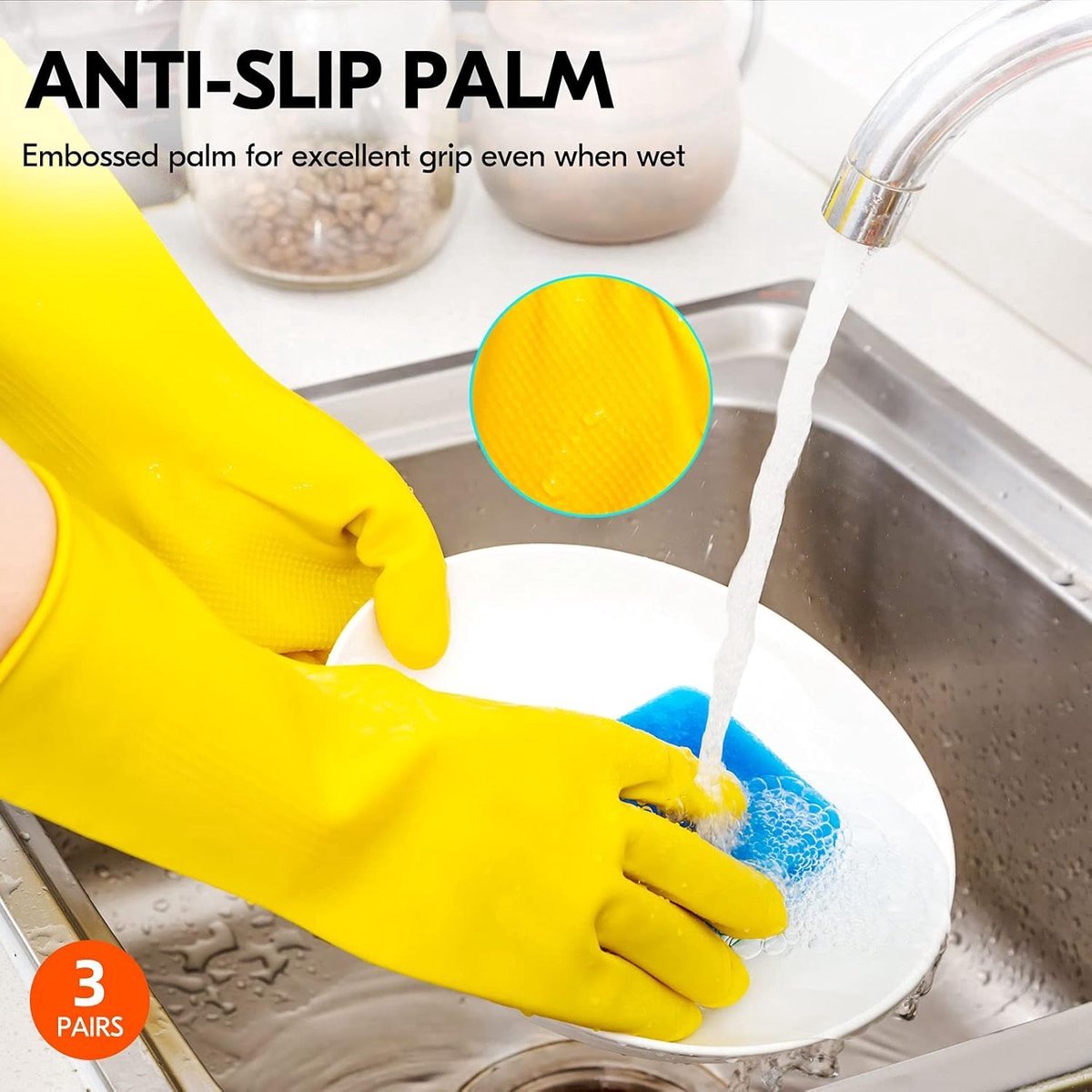 Cleaning gloves - 3 pairs - rubber gloves - dishwashing gloves - rubber gloves - dishwashing gloves - waterproof rubber gloves - household gloves - reusable - rubber - dishwashing gloves - size L - yellow