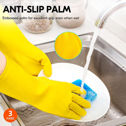 Cleaning gloves - 3 pairs - rubber gloves - dishwashing gloves - rubber gloves - dishwashing gloves - waterproof rubber gloves - household gloves - reusable - rubber - dishwashing gloves - size L - yellow