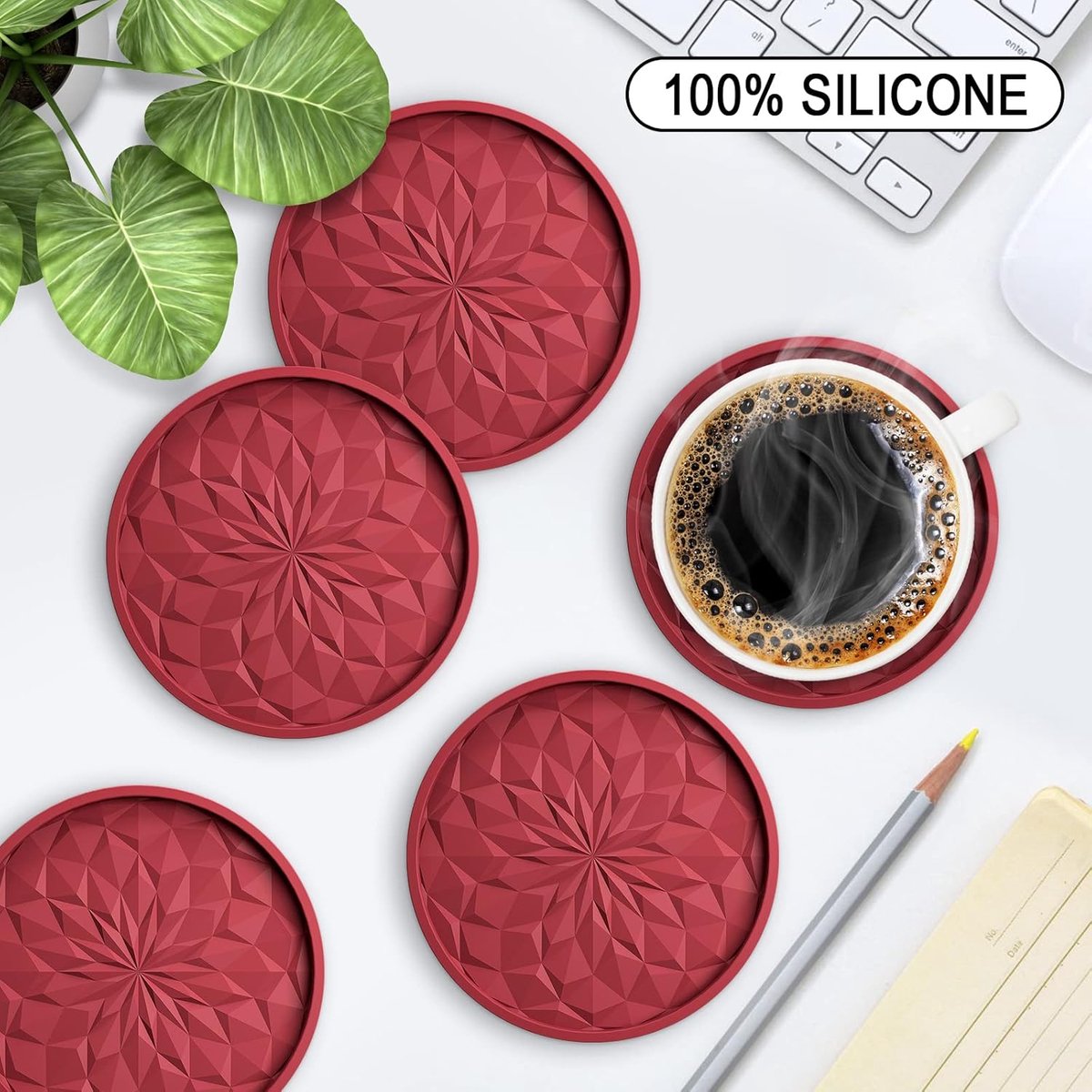 Coasters with Holder - 6 pieces - Coasters for Glasses - Coasters - Silicone - Non-slip - Red - Round - Raised edges to prevent spills - Coasters for hot or cold drinks to protect table tops