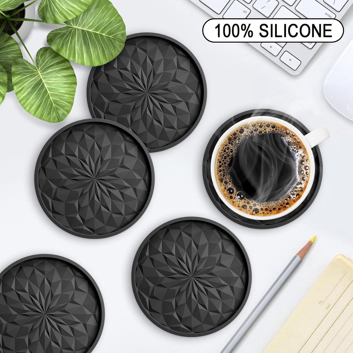 Coasters with Holder - 6 pieces - Coasters for Glasses - Glass Coasters for the Table - Coasters - Silicone - Non-slip - Black - Round - Raised edges to prevent spills - Coasters for hot or cold drinks to protect table tops