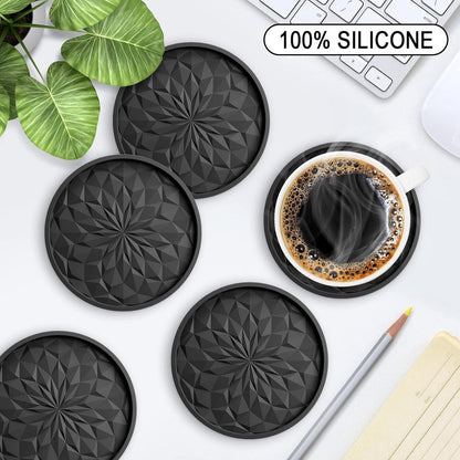 Coasters with Holder - 6 pieces - Coasters for Glasses - Glass Coasters for the Table - Coasters - Silicone - Non-slip - Black - Round - Raised edges to prevent spills - Coasters for hot or cold drinks to protect table tops