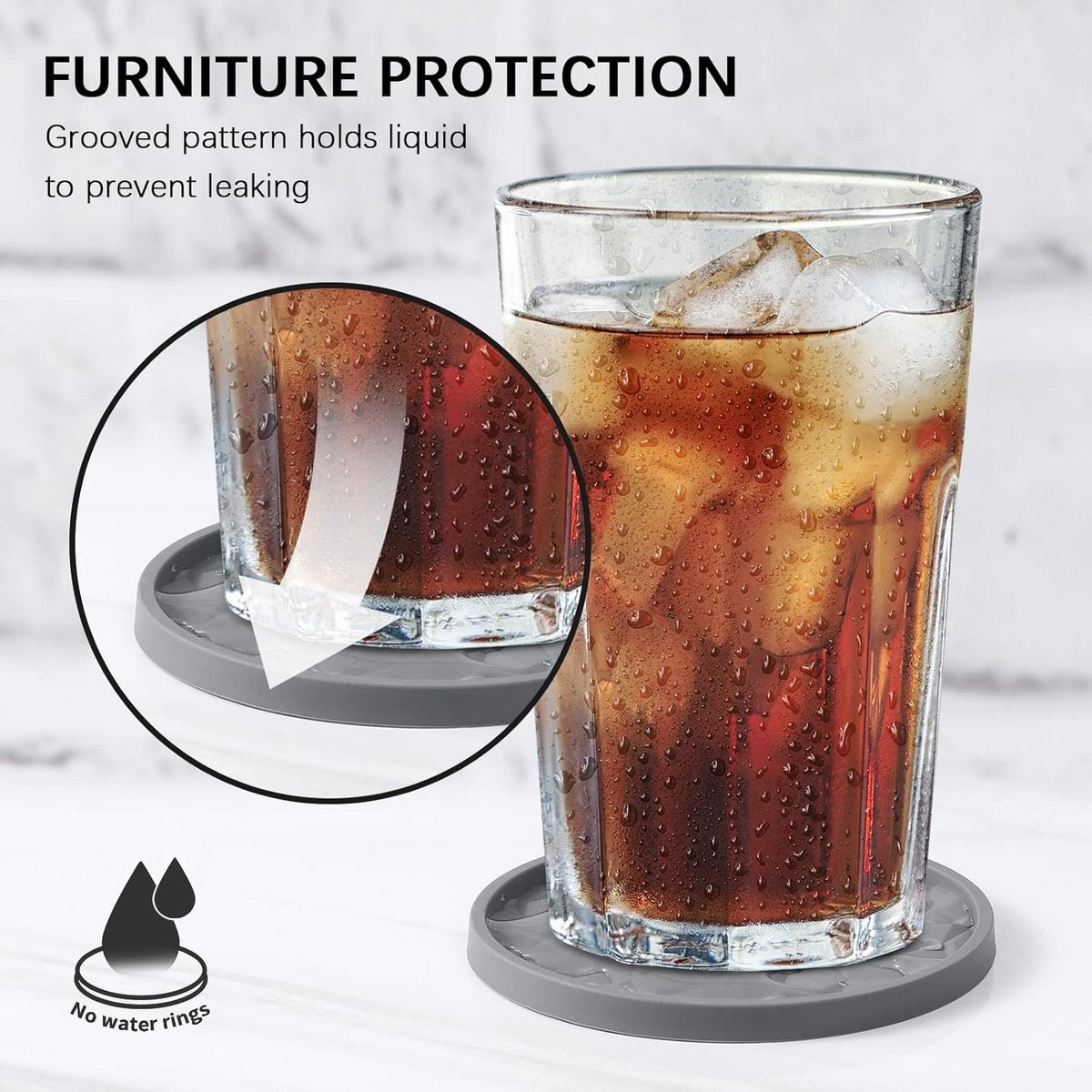 Coasters with Holder - 6 pieces - Coasters for Glasses - Glass Coasters for the Table - Coasters - Silicone - Non-slip - Black - Round - Raised edges to prevent spills - Coasters for hot or cold drinks to protect table tops