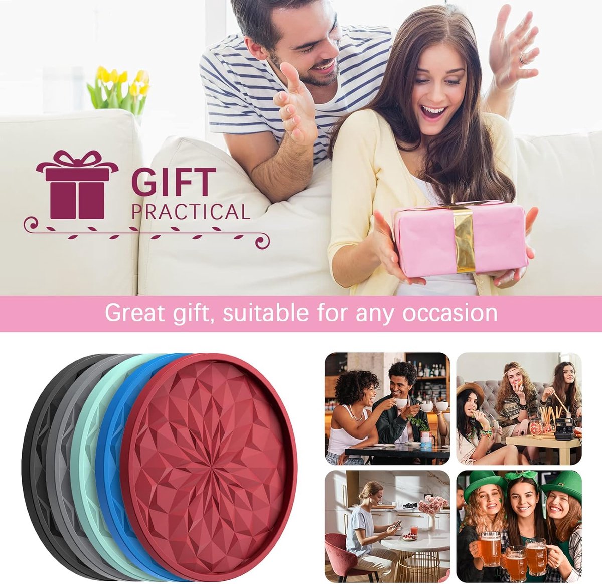 Coasters with Holder - 6 pieces - Coasters for Glasses - Glass Coasters for the Table - Coasters - Silicone - Non-slip - Black - Round - Raised edges to prevent spills - Coasters for hot or cold drinks to protect table tops