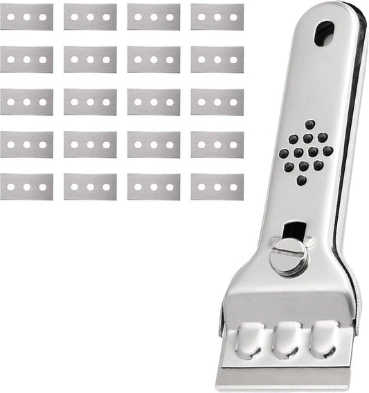 Ceramic Plate Scraper - Hob Scraper Scraper With 20 Extra Blades - Paint Scraper - suitable for glass or tiles and against glue or paint residue - glass scraper - stainless steel - cleaning induction hobs - halogen hob - paint cleaner.