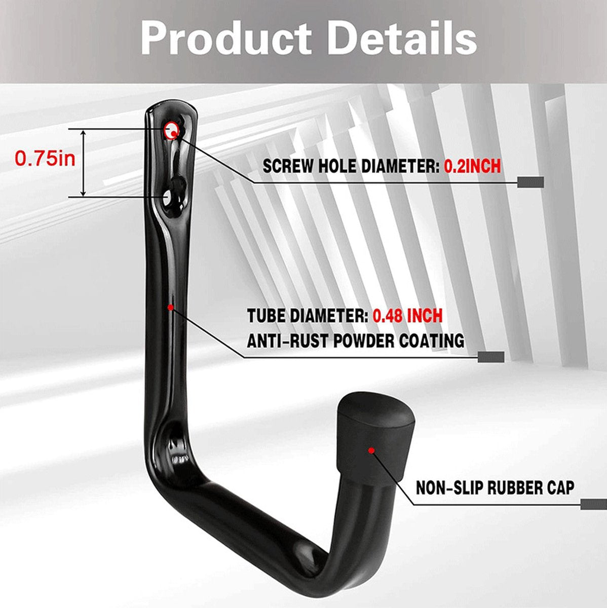 Storage hooks - wall hooks - tool hooks - garage organizer - 6 pieces - 9*11.5 cm - iron - black - with rubber end cap - Including screws - for cellar, bicycle, wall-mounted ladder