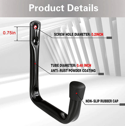 Storage hooks - wall hooks - tool hooks - garage organizer - 6 pieces - 9*11.5 cm - iron - black - with rubber end cap - Including screws - for cellar, bicycle, wall-mounted ladder