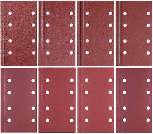 80 pieces - Sanding sheets - Sandpaper set - 40/60/80/120/180/240/320/400 grit - rectangular flocked sandpaper - 8 holes - red - 185*93mm.