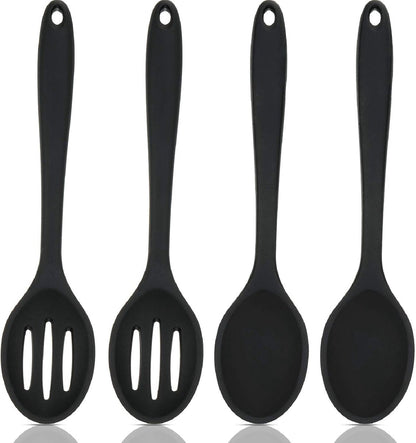 Cooking Spoon - 4 Pieces - Stirring Spoon - Silicone - Spoon - Sauce Spoon - Serving Spoon - Serving Spoon - Heat Resistant - Kitchen Tool - Non-Stick Coating - Kitchen Utensils - Suitable for Kitchens and Dining Rooms - 20.3*4.5 cm - Black