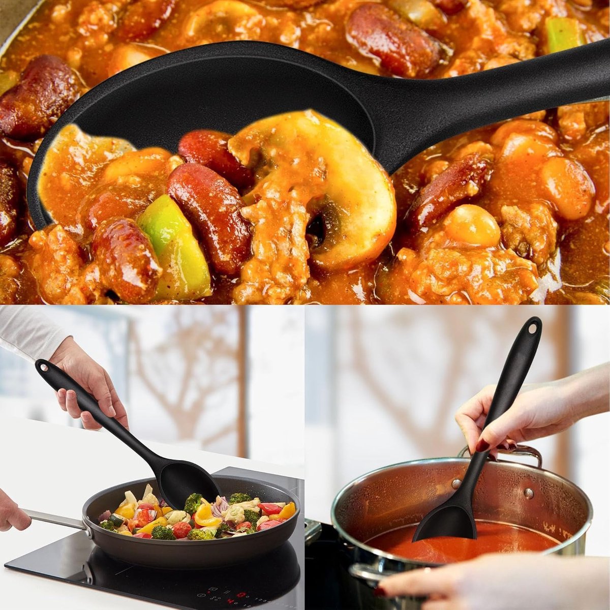 Cooking Spoon - 4 Pieces - Stirring Spoon - Silicone - Spoon - Sauce Spoon - Serving Spoon - Serving Spoon - Heat Resistant - Kitchen Tool - Non-Stick Coating - Kitchen Utensils - Suitable for Kitchens and Dining Rooms - 20.3*4.5 cm - Black