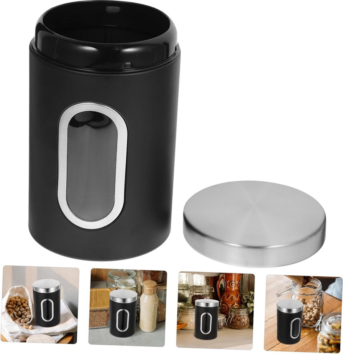 pieces - Coffee Storage Can - Coffee Tin - Coffee Cans - Storage Jar - Storage Jar - Airtight - Stainless Steel - 11*17.5cm - Black - With Viewing Window - Storage Tin for Coffee, Coffee Beans, Tea, Sugar, etc.