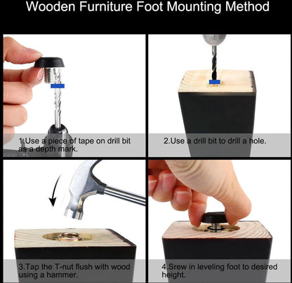 16 pieces Adjustable Furniture Feet - Leveling Pad Base Leg - Table Leg Chair - Adjustable Floor Protection - M6 x 10 x 20 mm - Leveling Leg - Furniture Coaster - Black / Silver - Plastic - Stainless Steel - Leveling Feet - Felt Pads - Floor Protectors -