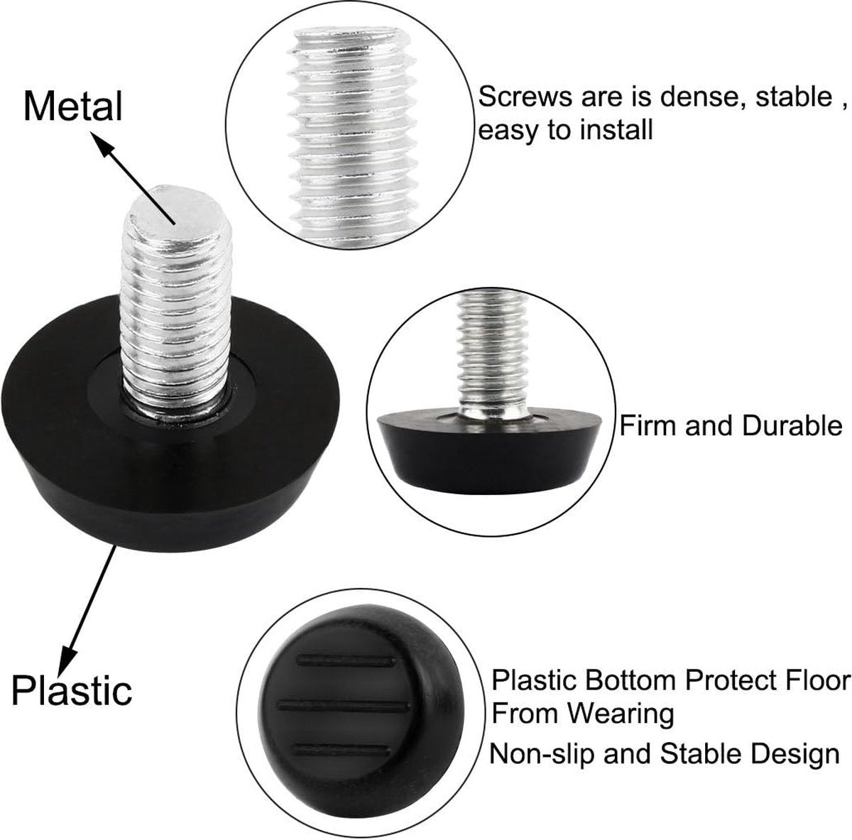 16 pieces Adjustable Furniture Feet - Leveling Pad Base Leg - Table Leg Chair - Adjustable Floor Protection - M6 x 10 x 20 mm - Leveling Leg - Furniture Coaster - Black / Silver - Plastic - Stainless Steel - Leveling Feet - Felt Pads - Floor Protectors -