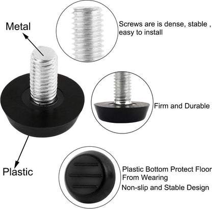 16 pieces Adjustable Furniture Feet - Leveling Pad Base Leg - Table Leg Chair - Adjustable Floor Protection - M6 x 10 x 20 mm - Leveling Leg - Furniture Coaster - Black / Silver - Plastic - Stainless Steel - Leveling Feet - Felt Pads - Floor Protectors -
