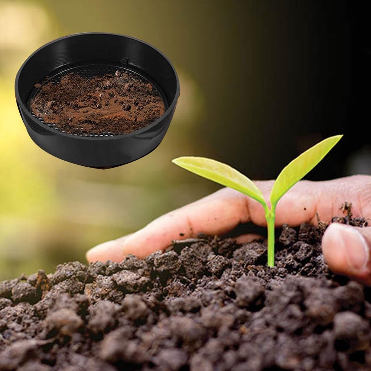 Adjustable plastic garden sieve - 4 in 1 - 12 cm - Compost sieve - Sand sieve - Round - Black - for domestic plants