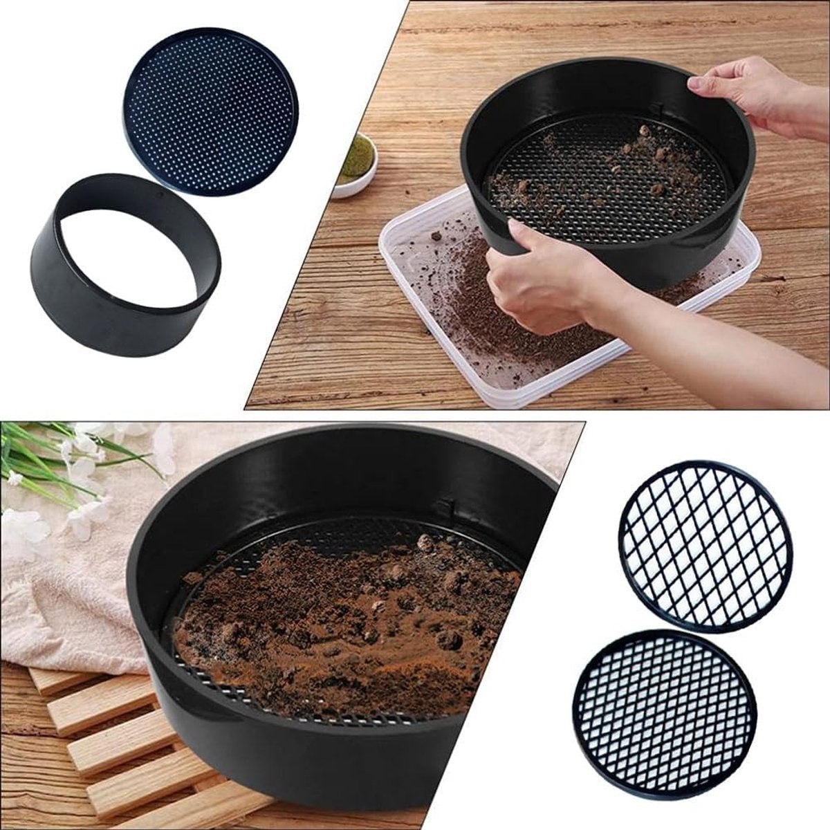 Adjustable plastic garden sieve - 4 in 1 - 12 cm - Compost sieve - Sand sieve - Round - Black - for domestic plants