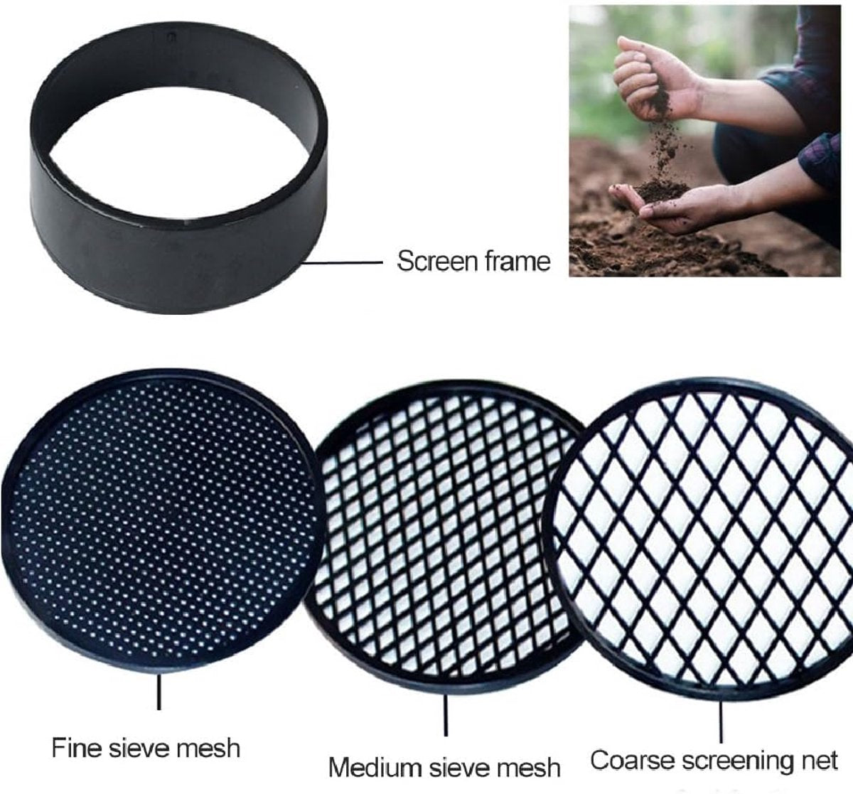 Adjustable plastic garden sieve - 4 in 1 - 12 cm - Compost sieve - Sand sieve - Round - Black - for domestic plants