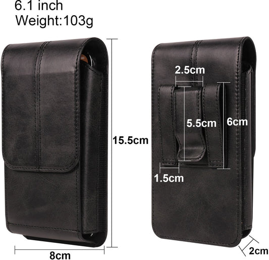 Phone Bag - Black - 15.5*8*2cm - PU Leather - For 6.1 Inch Mobile Phones - With Belt Clip - With Credit Card Slot - Phone Holder Belt Men - Waist Bag - Outdoor Belt Bag - Suitable for Hiking/Outdoor Sports