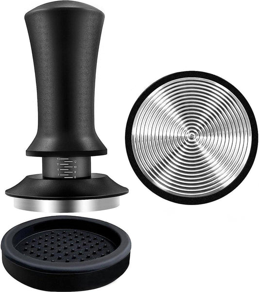 Coffee tamper - Tamper - 51 mm - Coffee press - Espresso tamper - 304 stainless steel - Aluminum handle - Base Ripple - Scale adjustment - For cafes, coffee lovers - Black.