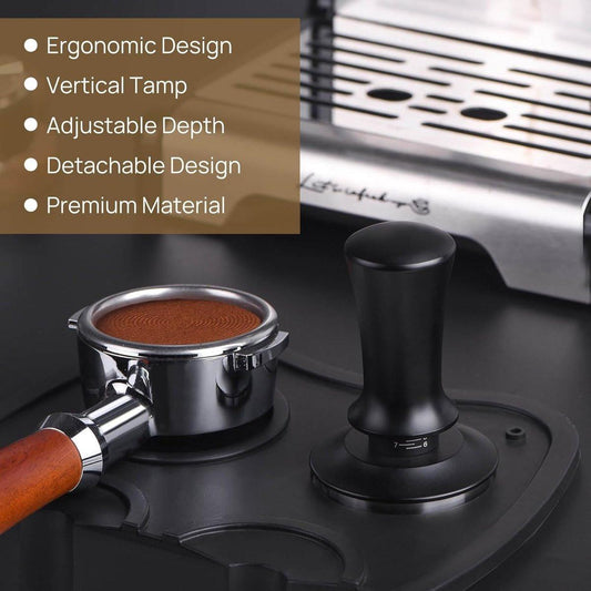 Coffee tamper - Tamper - 51 mm - Coffee press - Espresso tamper - 304 stainless steel - Aluminum handle - Base Ripple - Scale adjustment - For cafes, coffee lovers - Black.