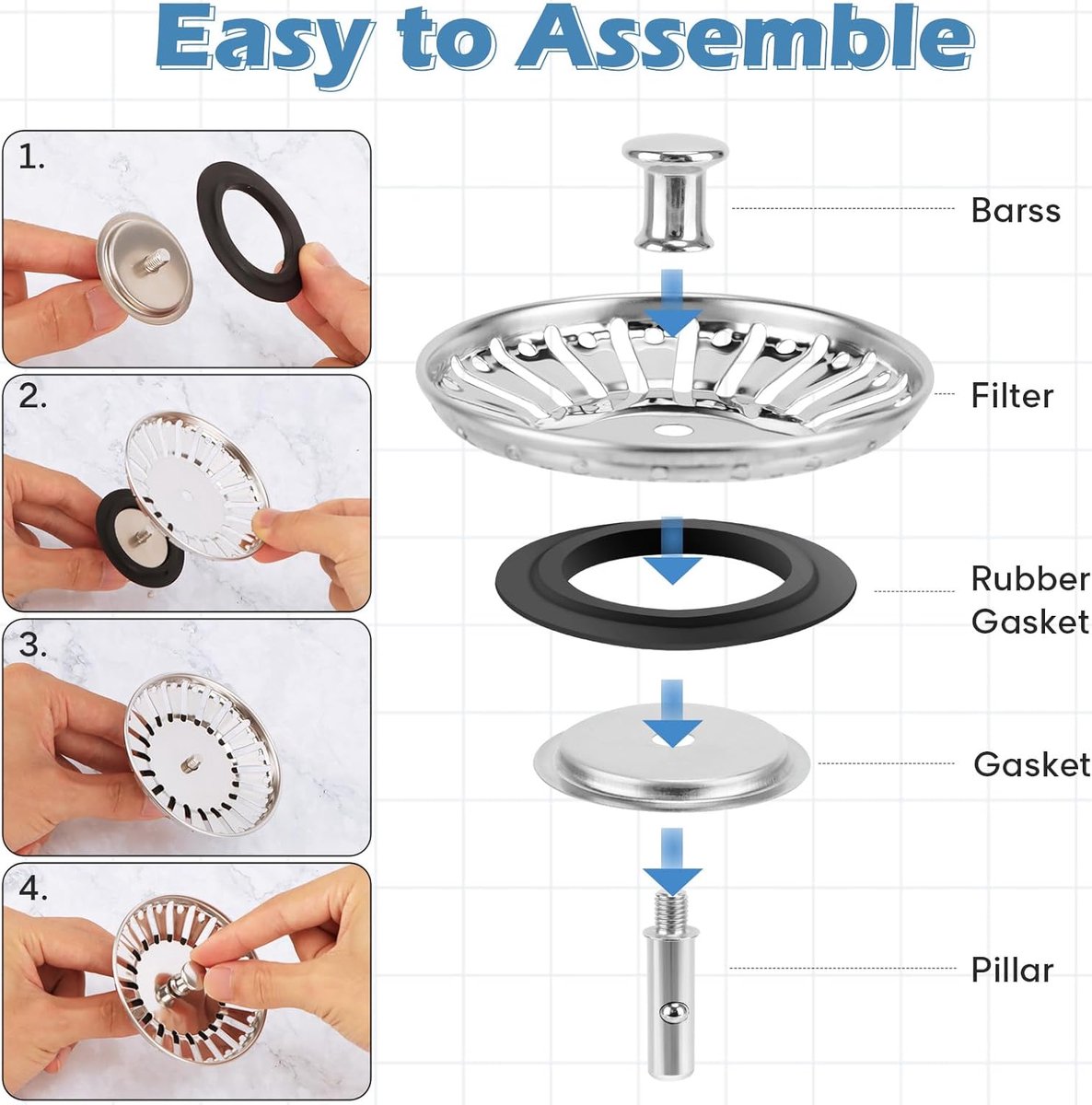 Sink Drain Plug - 2 pieces - Drain stopper - Strainer - 84mm - Stainless steel - Silver