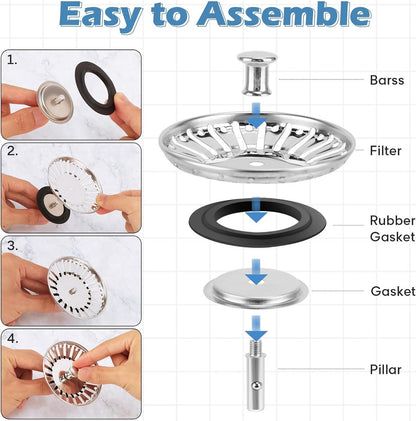 Sink Drain Plug - 2 pieces - Drain stopper - Strainer - 84mm - Stainless steel - Silver