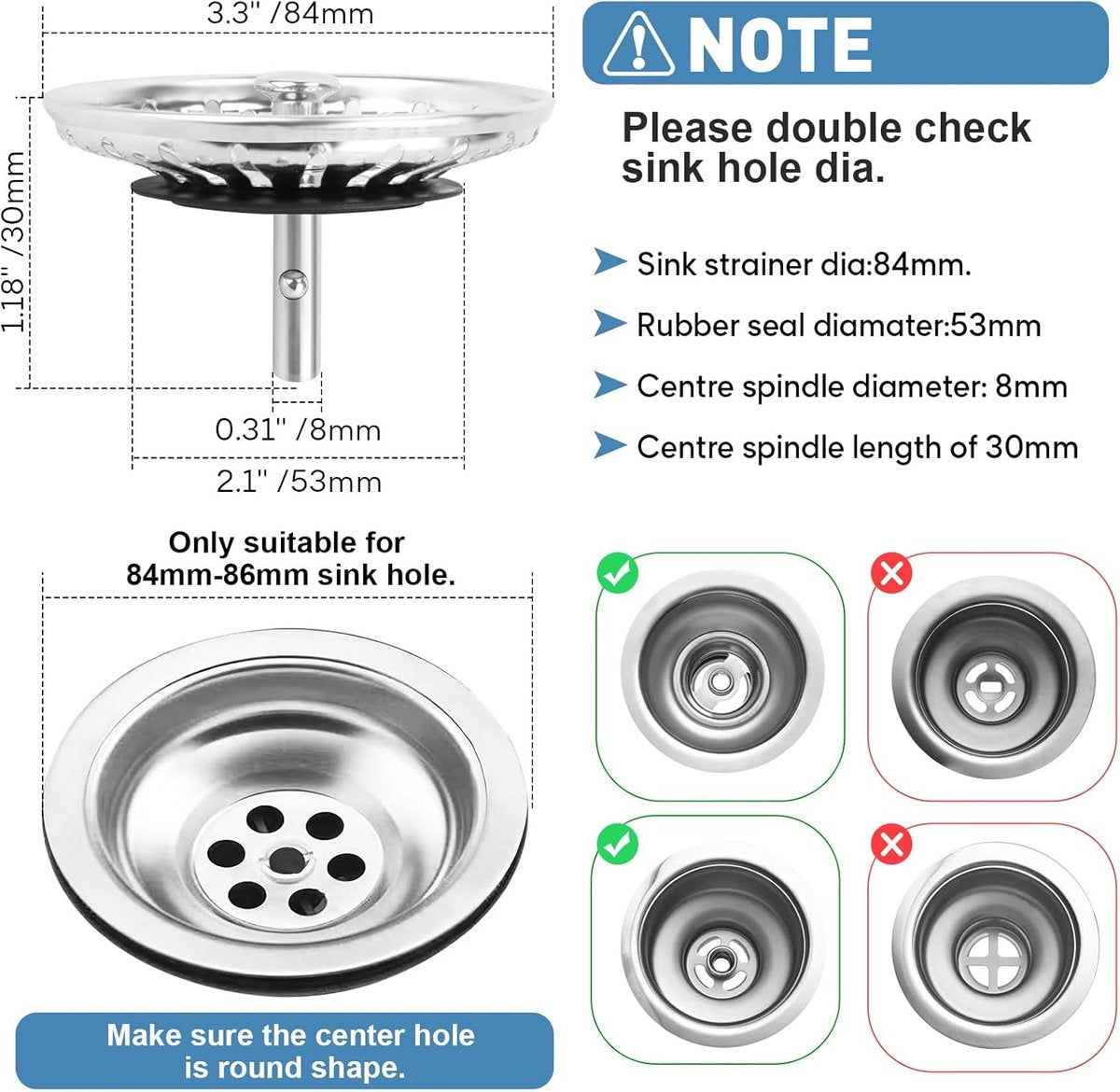 Sink Drain Plug - 2 pieces - Drain stopper - Strainer - 84mm - Stainless steel - Silver