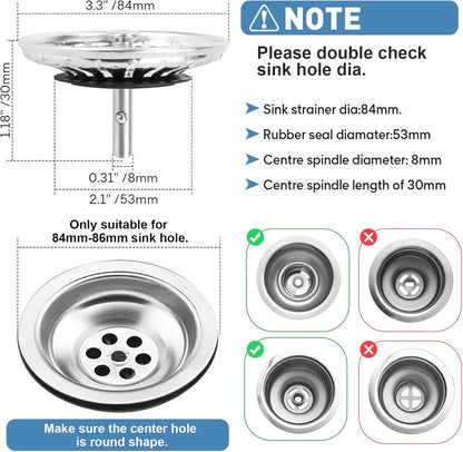 Sink Drain Plug - 2 pieces - Drain stopper - Strainer - 84mm - Stainless steel - Silver