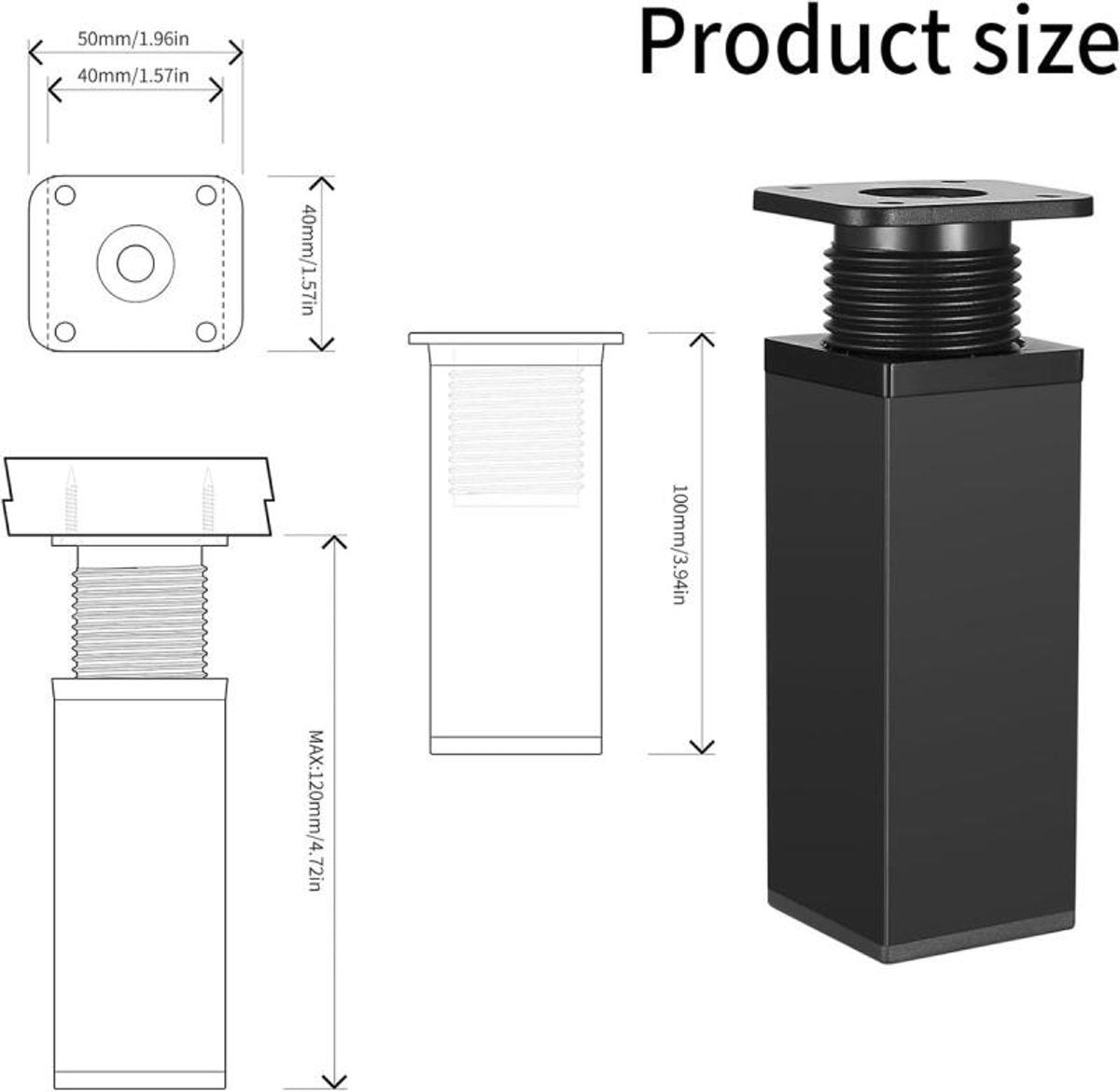 Furniture Legs - 4 Pieces - Table Legs - Aluminum Alloy - With Screws - Square - Sofa Leg Support Accessories - Adjustable - Modern - Suitable for Sofas, Coffee Tables, Cabinets, TV Stands, Desks, Shelves, Dressing Tables - 10cm - Black