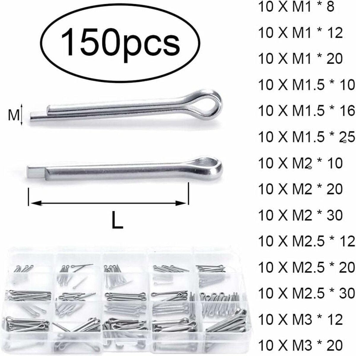 Split pins - 150 pieces - 15 different sizes - stainless steel - silver - for small mechanic repairs.